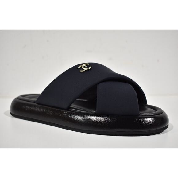 Chanel REV Black Fabric Criss Cross Puffy CC Logo Slide Mule Sandal Flop Flat 40 - Picture 5 of 12